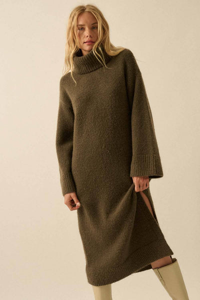 Felted Knit Cowl-Neck Midi Sweater Dress