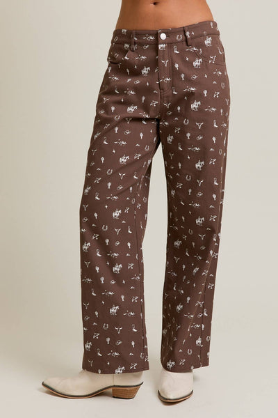 Mid-Rise Cowboy Graphic Wide Leg Pant