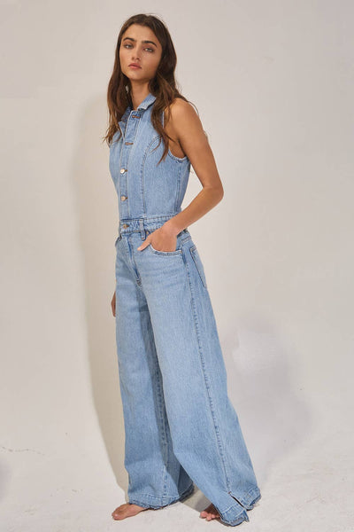 Collared Wide Leg Denim Jumpsuit