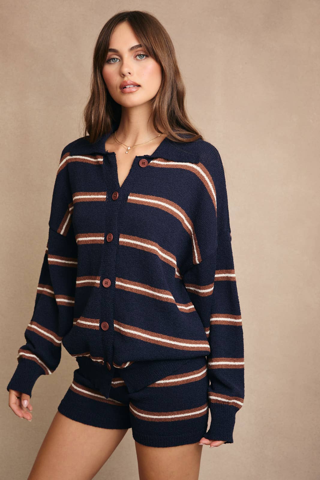 Collared Cardigan and Shorts Set
