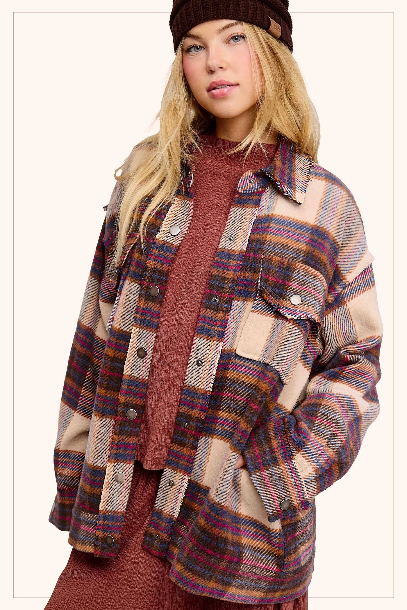 Plaid Button Down Shacket with Pockets