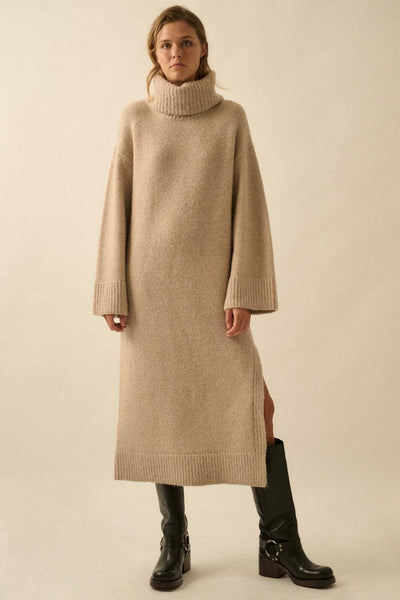 Felted Knit Cowl-Neck Midi Sweater Dress