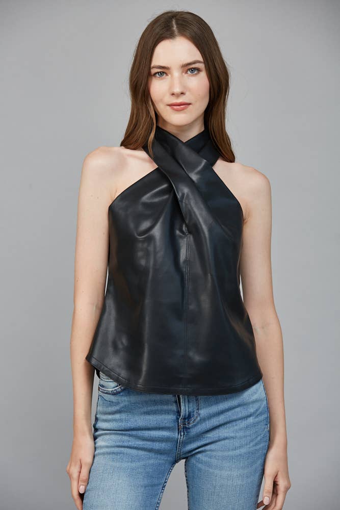Faux Leather Crisscross Neckline Top