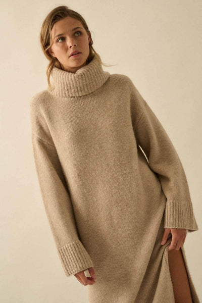 Felted Knit Cowl-Neck Midi Sweater Dress