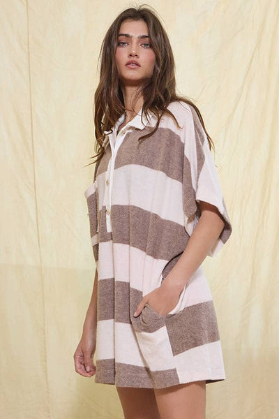Stripe Print Collared Oversize Romper