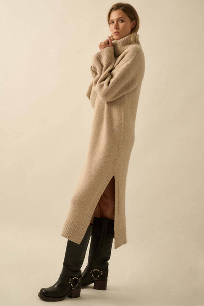 Felted Knit Cowl-Neck Midi Sweater Dress