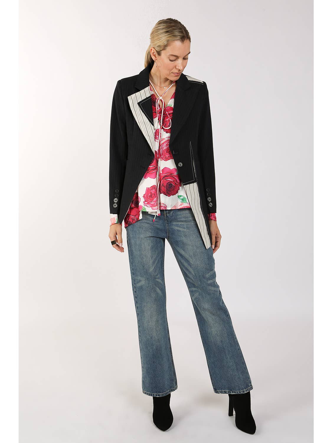 Amelia Asymmetrical Pinstripe and Patchwork Blazer