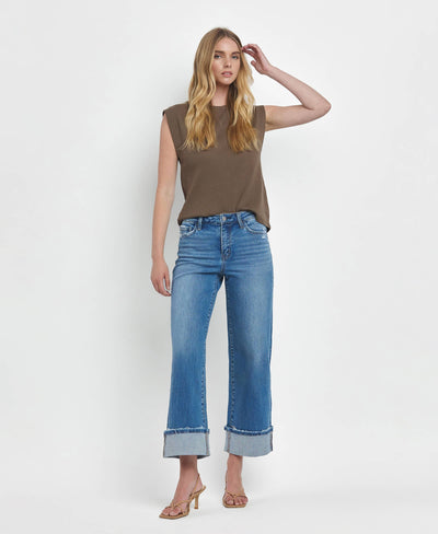 High Rise Wide Leg Cuffed Jeans