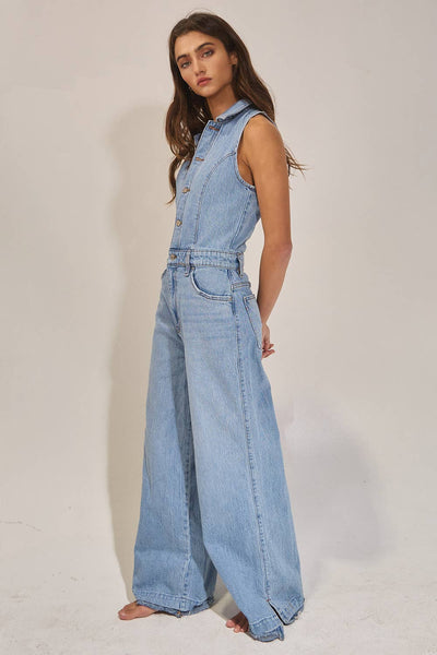 Collared Wide Leg Denim Jumpsuit