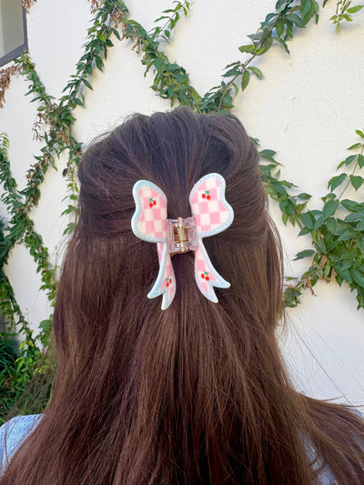 Checkered Cherry Bow Hair Clip
