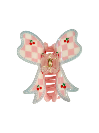Checkered Cherry Bow Hair Clip