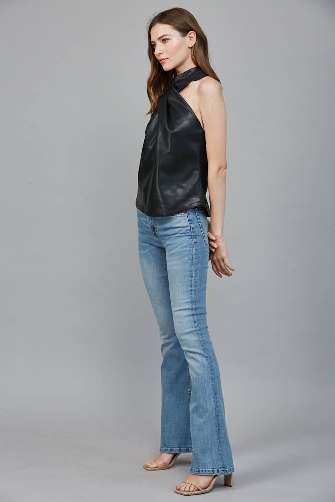 Faux Leather Crisscross Neckline Top