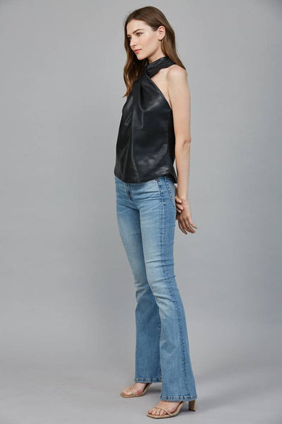 Faux Leather Crisscross Neckline Top
