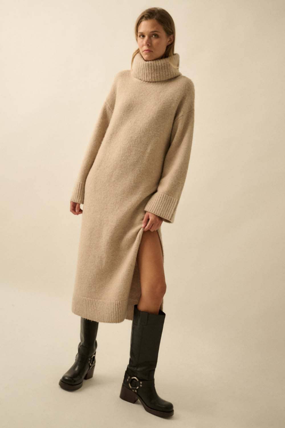 Felted Knit Cowl-Neck Midi Sweater Dress