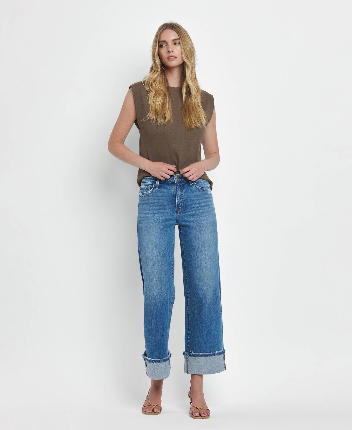 High Rise Wide Leg Cuffed Jeans