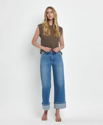 High Rise Wide Leg Cuffed Jeans