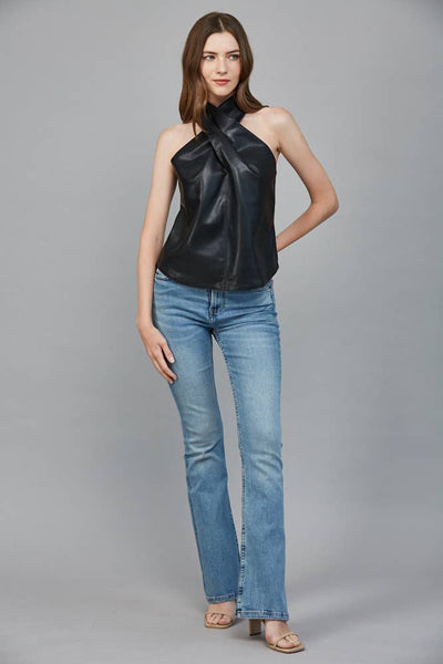 Faux Leather Crisscross Neckline Top