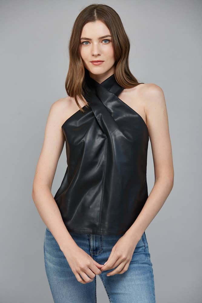 Faux Leather Crisscross Neckline Top