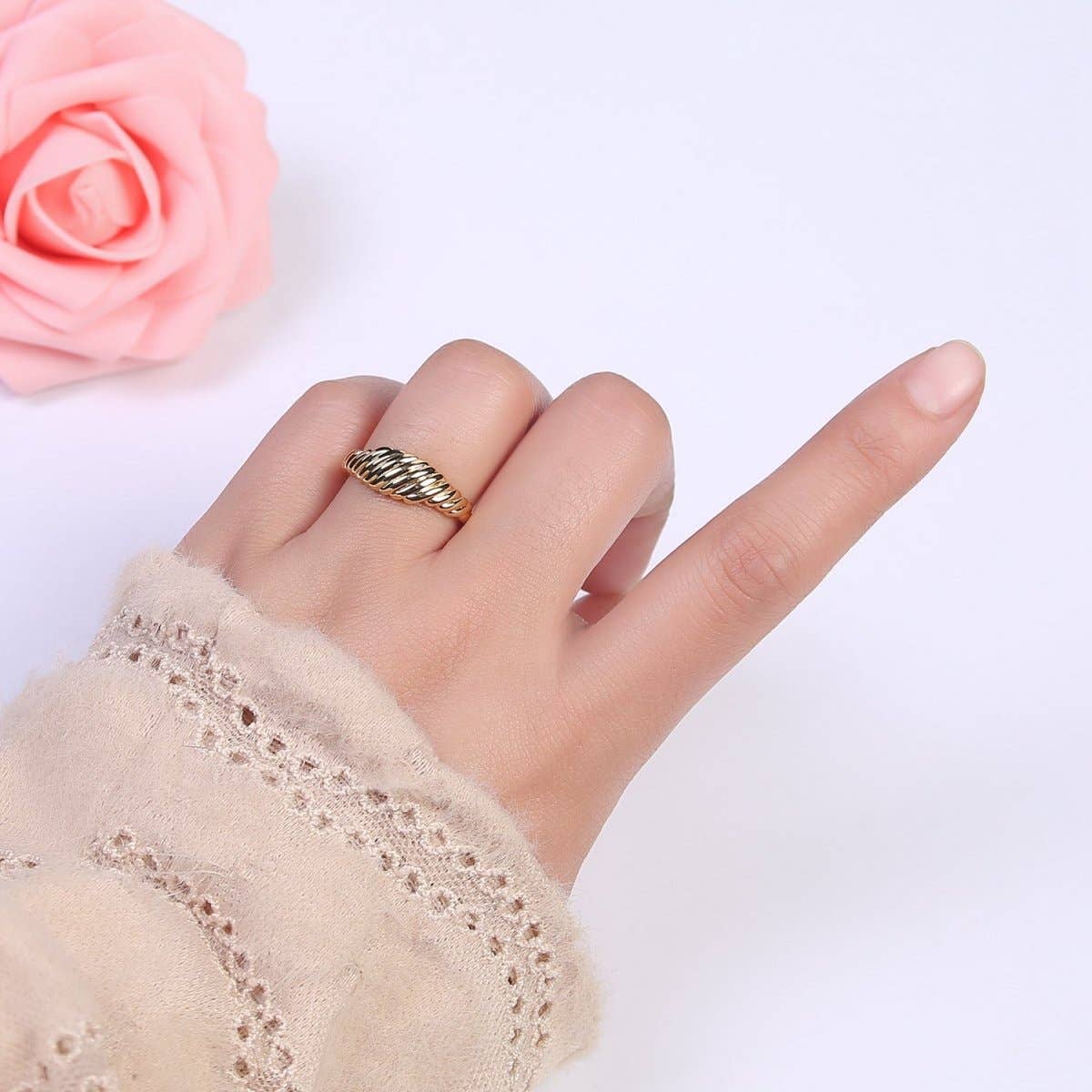 24K Gold Filled Textured Croissant Adjustable Ring