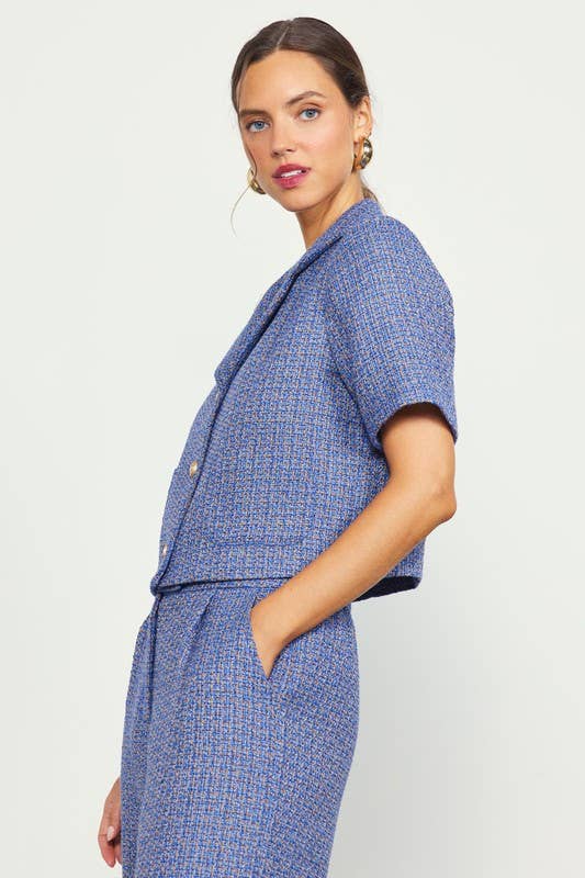 Short Sleeve Cropped Tweed Blazer
