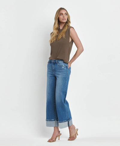 High Rise Wide Leg Cuffed Jeans