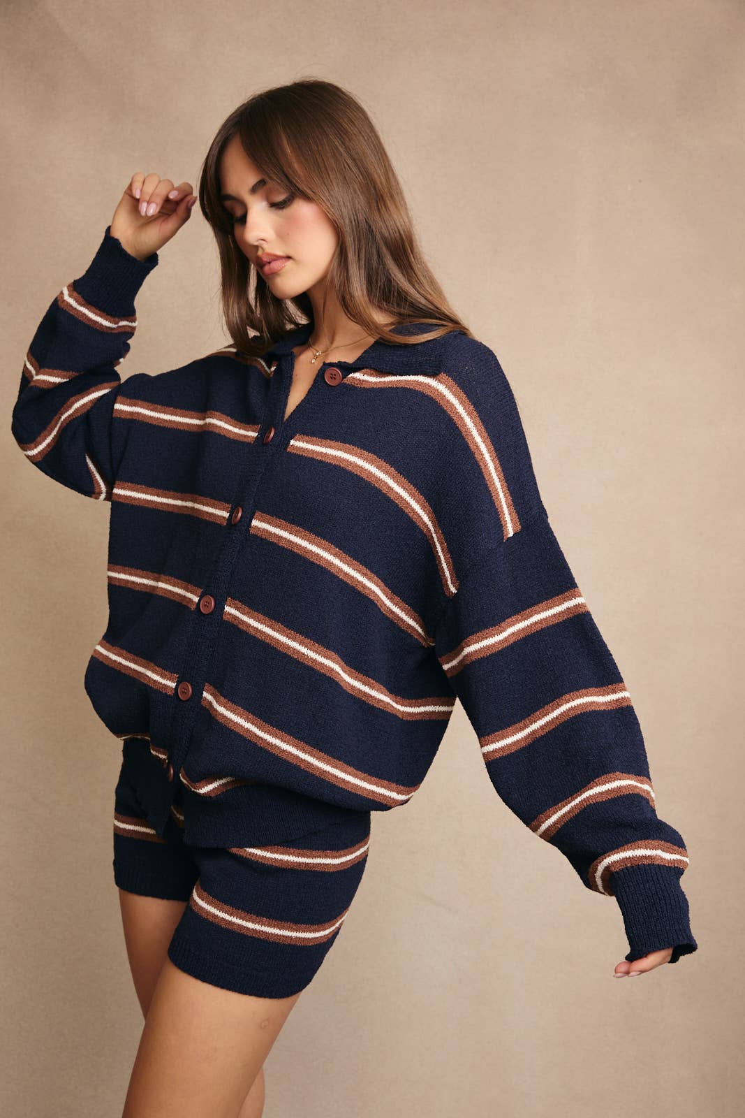 Collared Cardigan and Shorts Set
