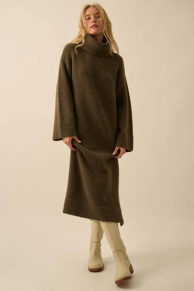 Felted Knit Cowl-Neck Midi Sweater Dress