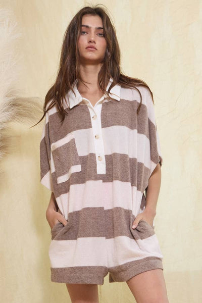 Stripe Print Collared Oversize Romper
