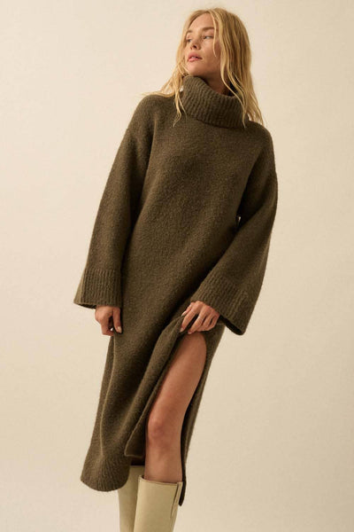 Felted Knit Cowl-Neck Midi Sweater Dress