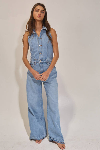 Collared Wide Leg Denim Jumpsuit