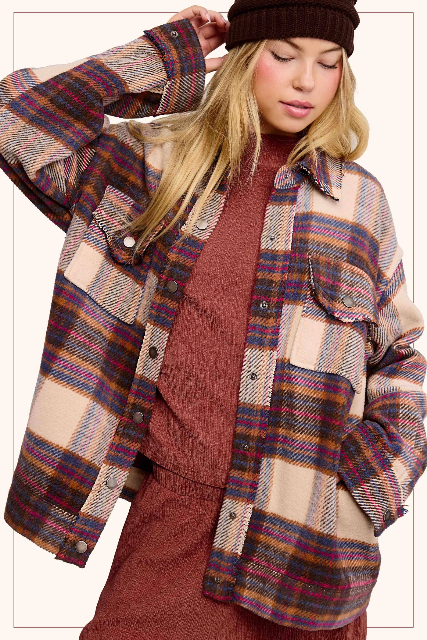 Plaid Button Down Shacket with Pockets