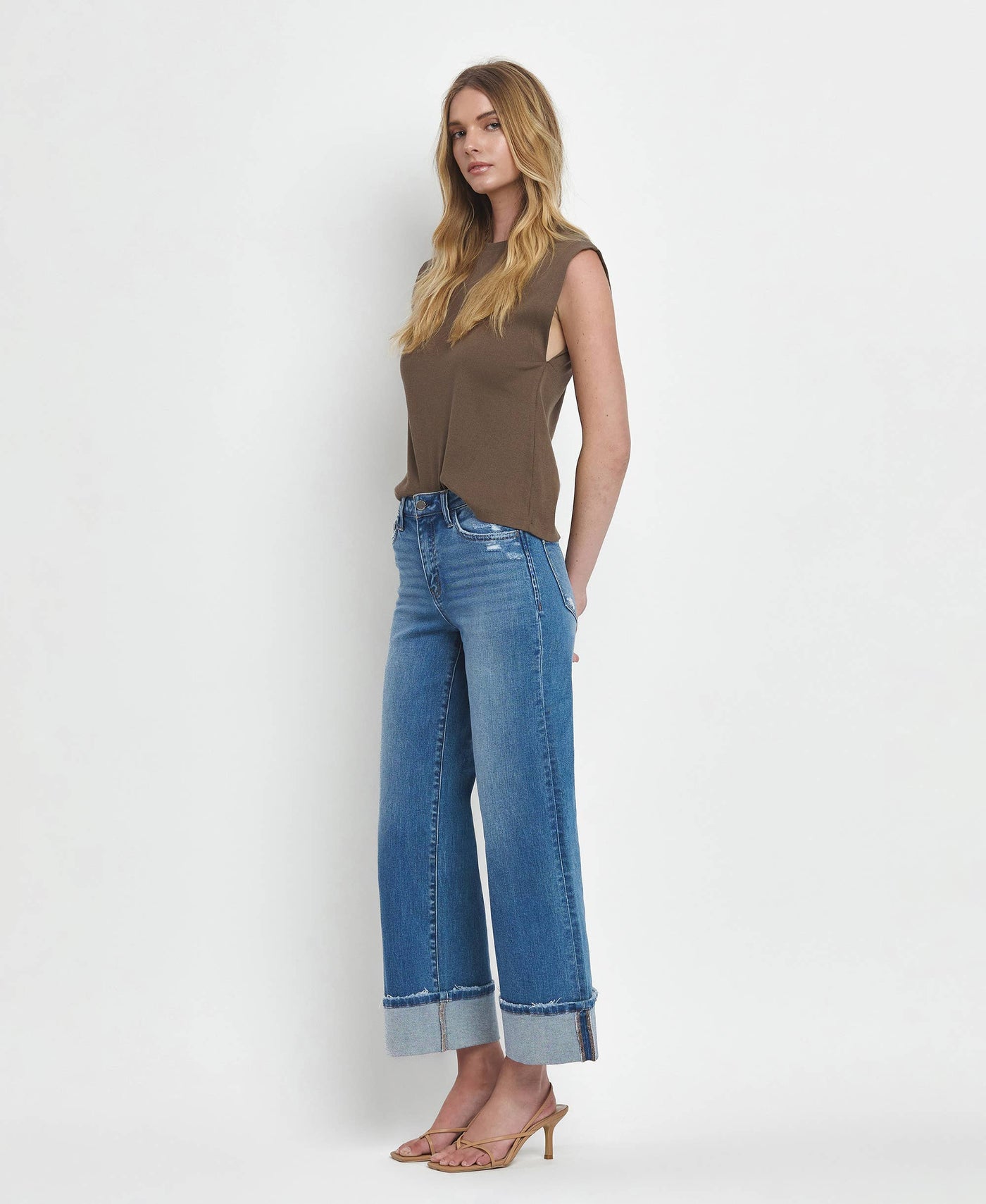 High Rise Wide Leg Cuffed Jeans