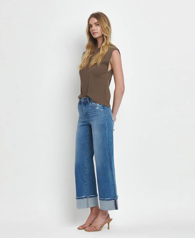 High Rise Wide Leg Cuffed Jeans