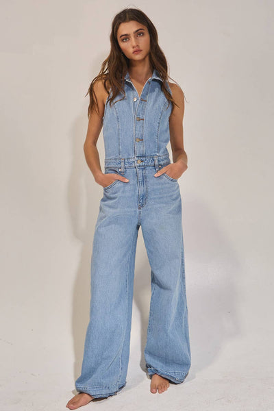 Collared Wide Leg Denim Jumpsuit