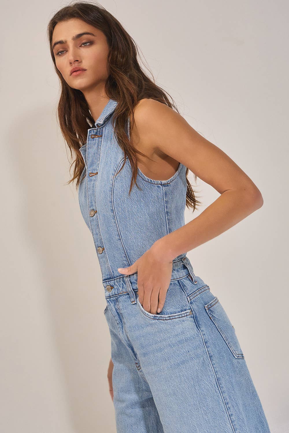 Collared Wide Leg Denim Jumpsuit