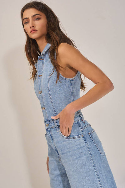 Collared Wide Leg Denim Jumpsuit