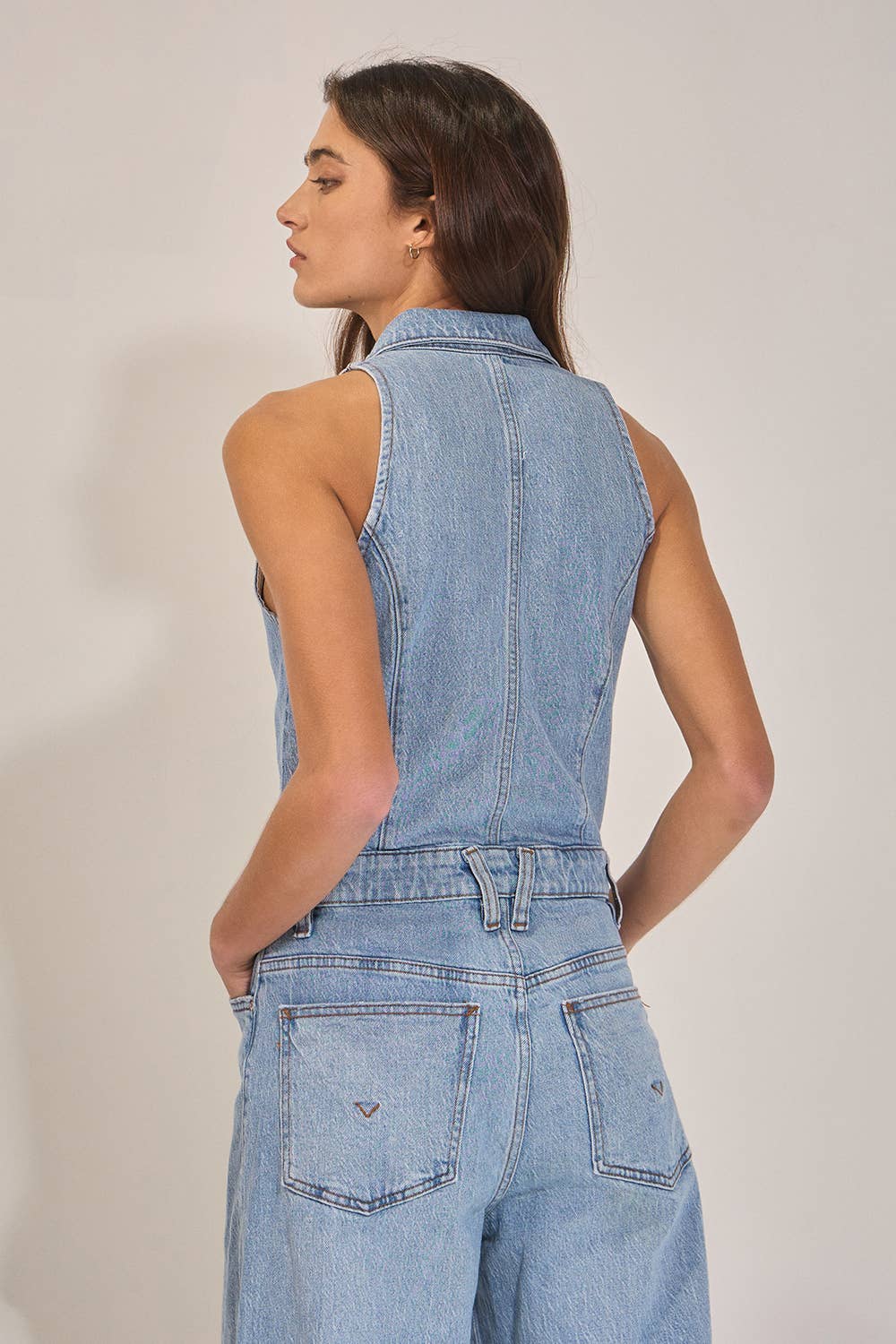Collared Wide Leg Denim Jumpsuit