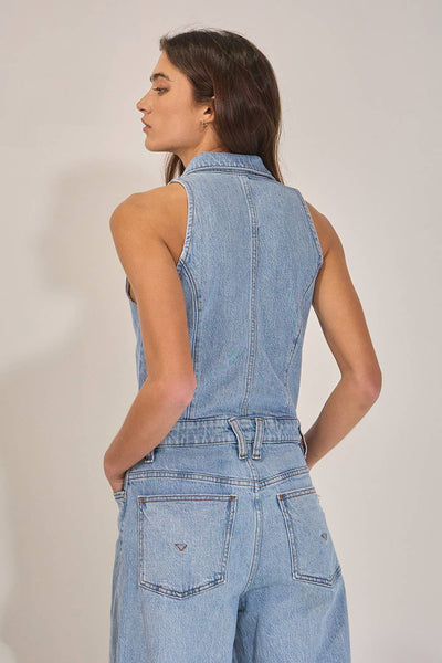 Collared Wide Leg Denim Jumpsuit