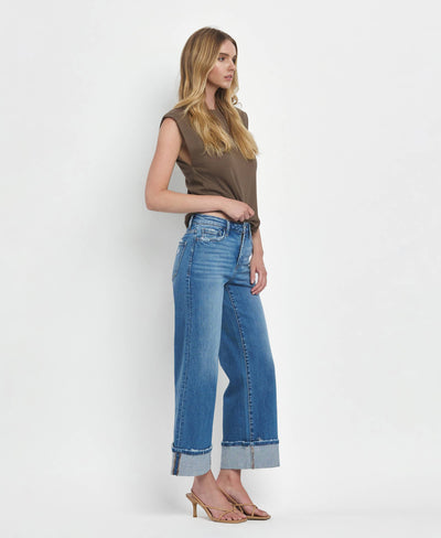 High Rise Wide Leg Cuffed Jeans
