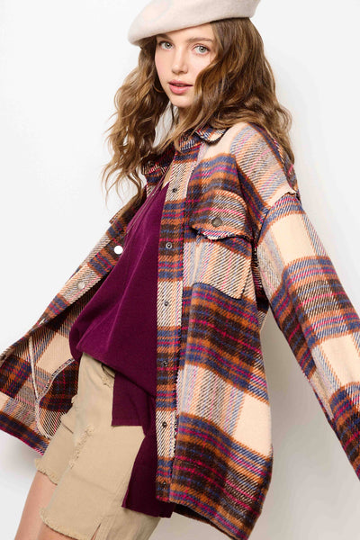 Plaid Button Down Shacket with Pockets