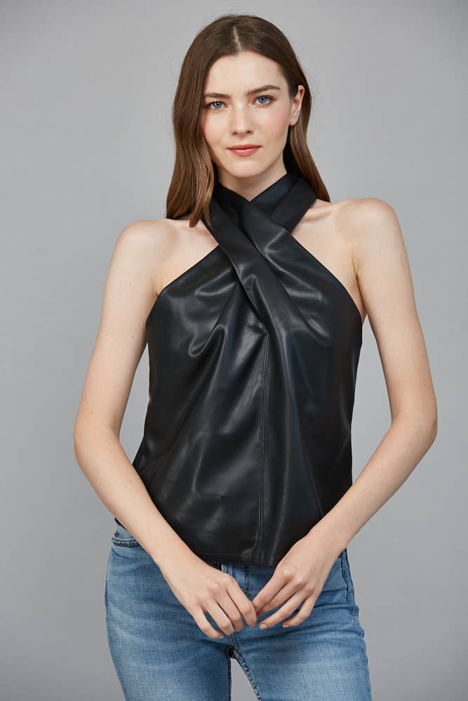 Faux Leather Crisscross Neckline Top
