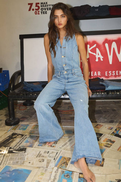 Collared Wide Leg Denim Jumpsuit