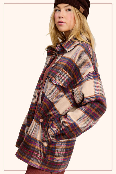 Plaid Button Down Shacket with Pockets