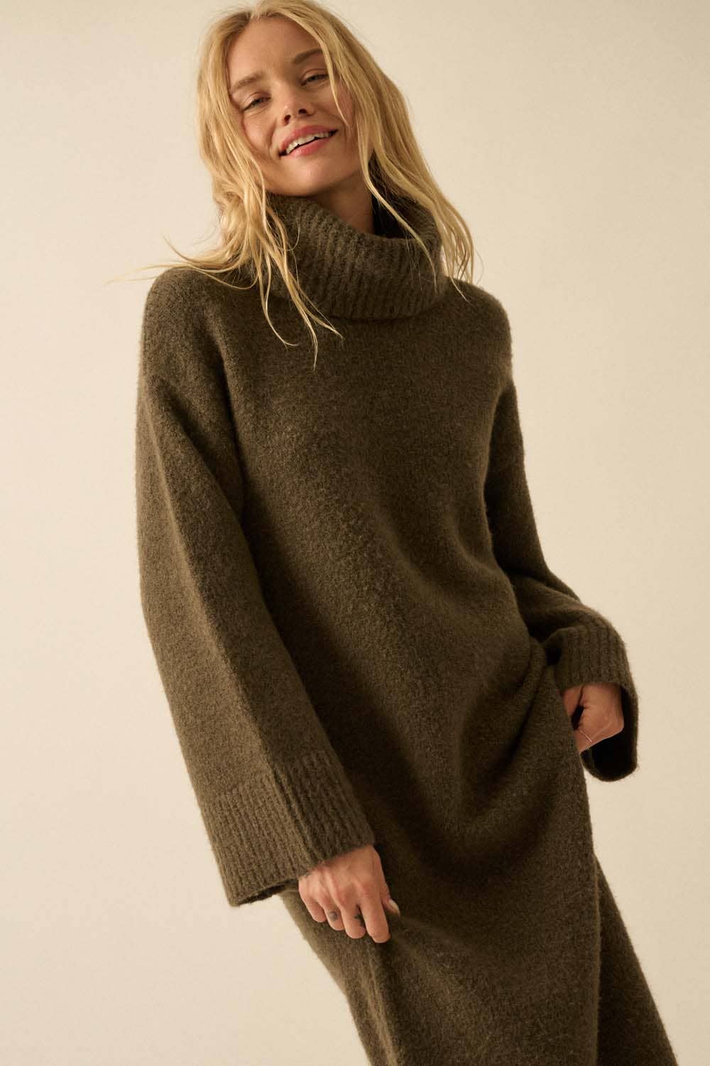 Felted Knit Cowl-Neck Midi Sweater Dress