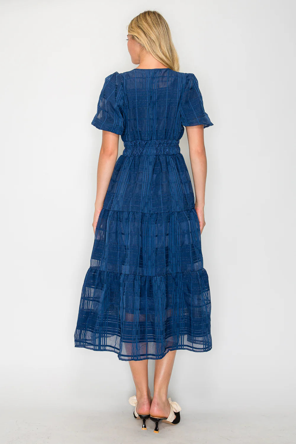 Windowpane Jacquard Puff Sleeve Midi Dress