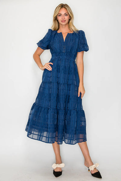 Windowpane Jacquard Puff Sleeve Midi Dress
