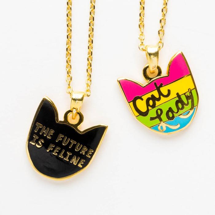 Cat Lady and Future Is Feline Double Sided Pendant